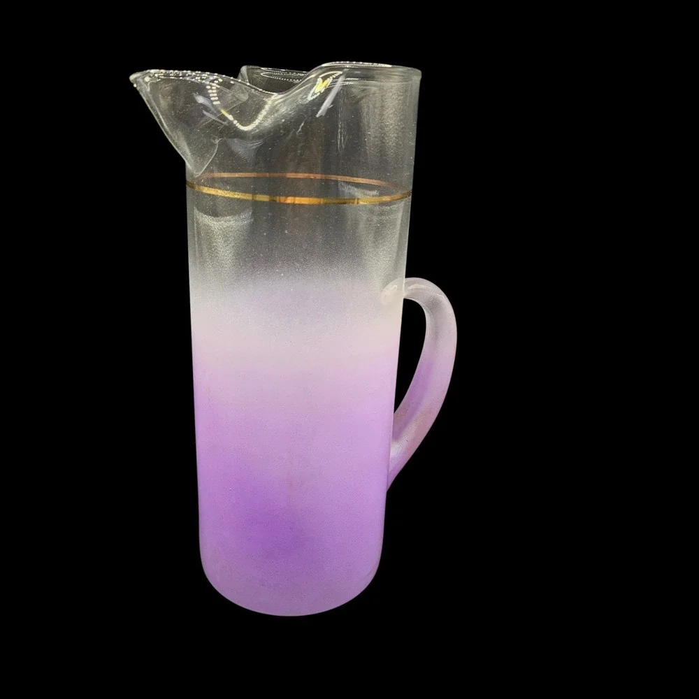 Vintage Blendo Frosted Ombre Purple‎ Pitcher & 6 Tumblers Gold Rim Barware Set